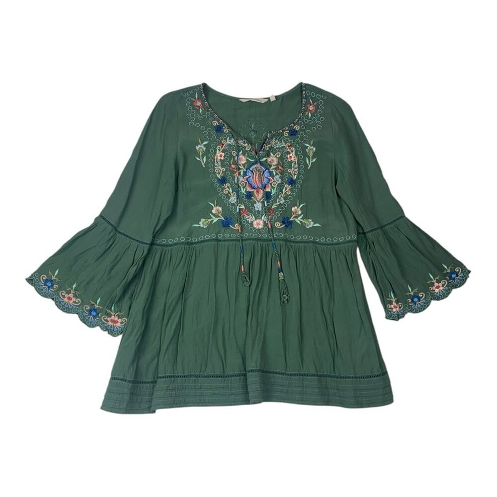 Soft Surroundings size medium floral embroidery Green Blouse 3/4 sleeve pink was